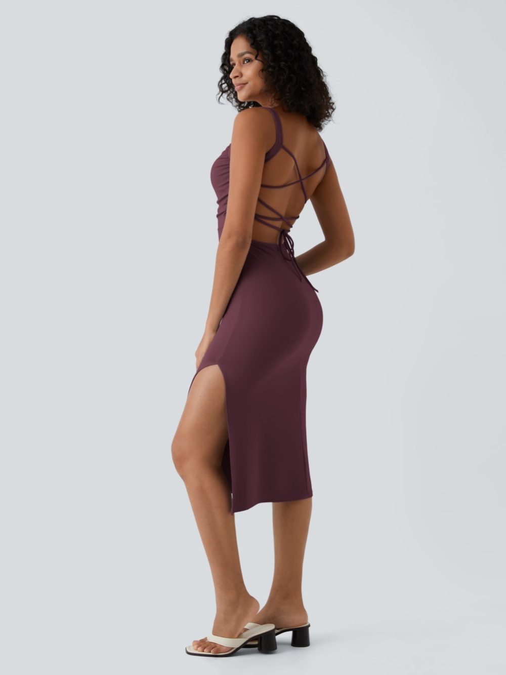 Halara SoftlyZero™ Airy Ruched Lace Up Bodycon Midi Casual Dress - Picture 2 of 5